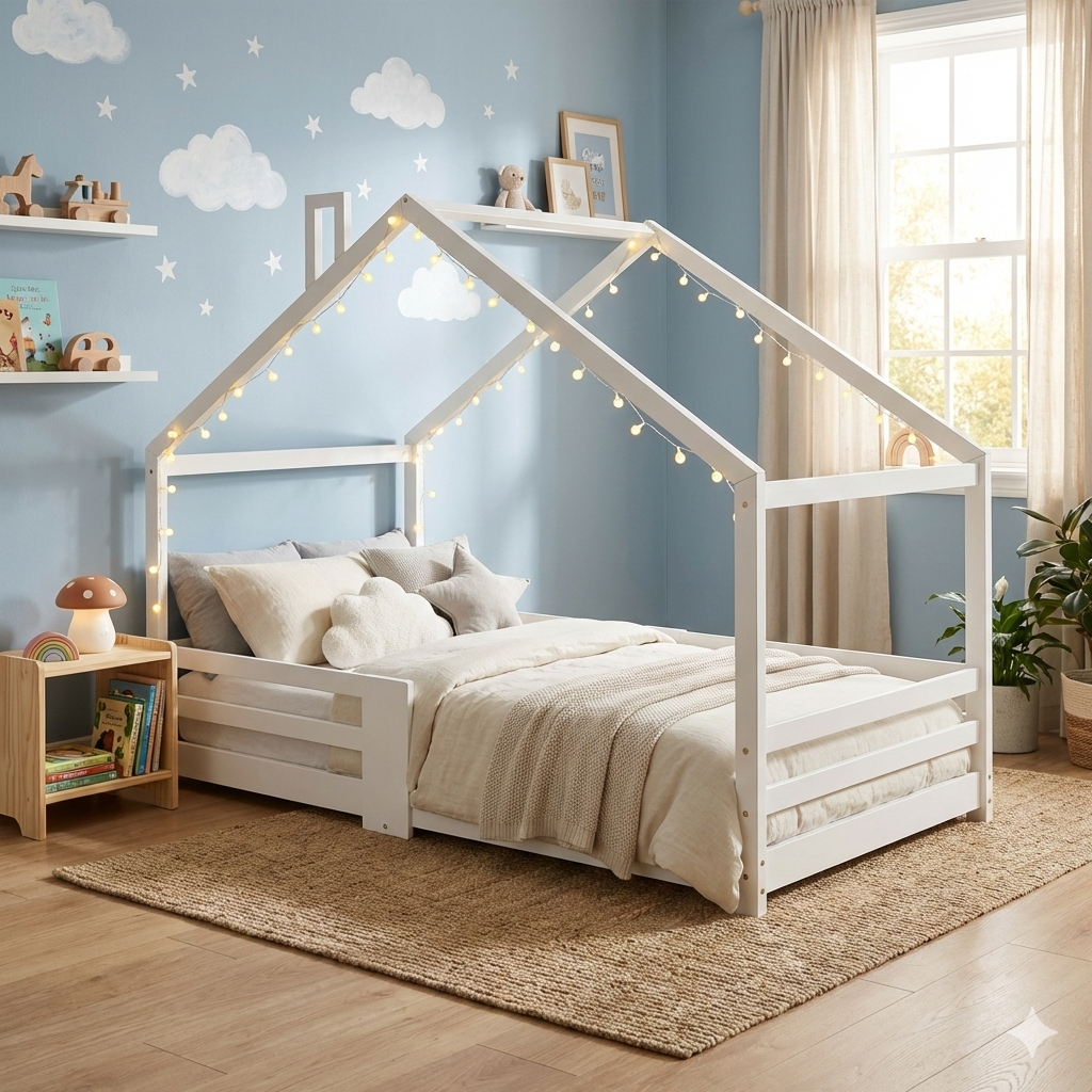 Lit Cabane Montessori en Bois Blanc modèle Ambre 90x200