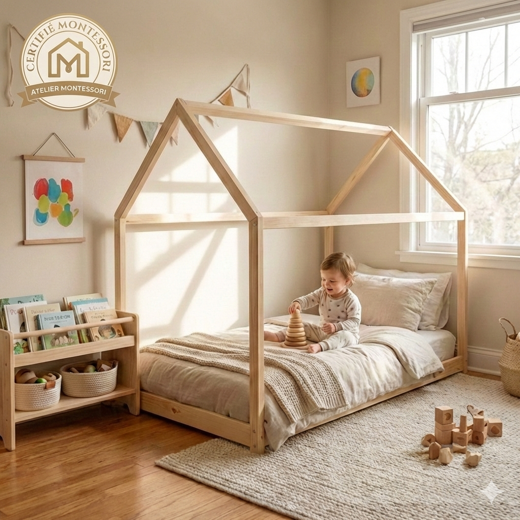Lit Cabane Montessori en bois massif modèle Zoé 90x190